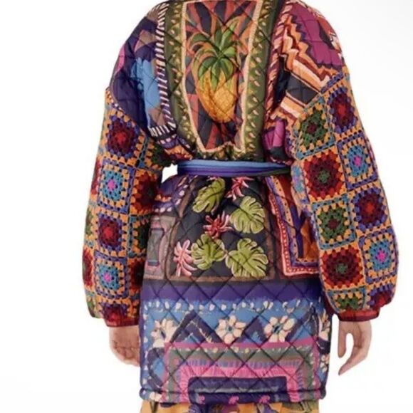 Farm Rio Patchwork Tapestry Crochet Puffer Coat Jacket Small NWOT MSRP $395 - Picture 5 of 10